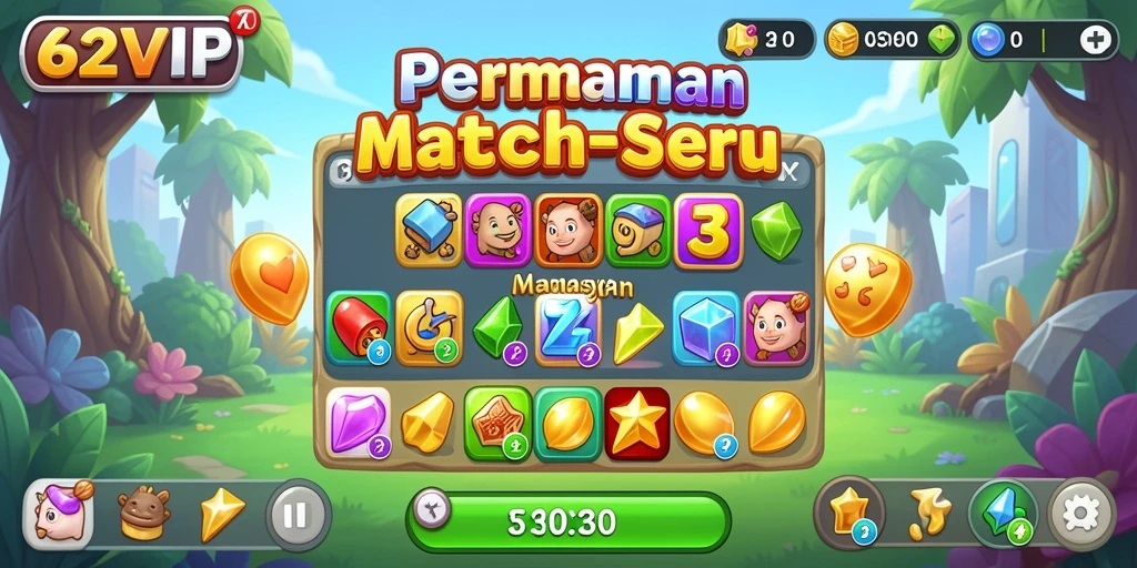 Tampilan gameplay Match-3 yang seru dan penuh warna.