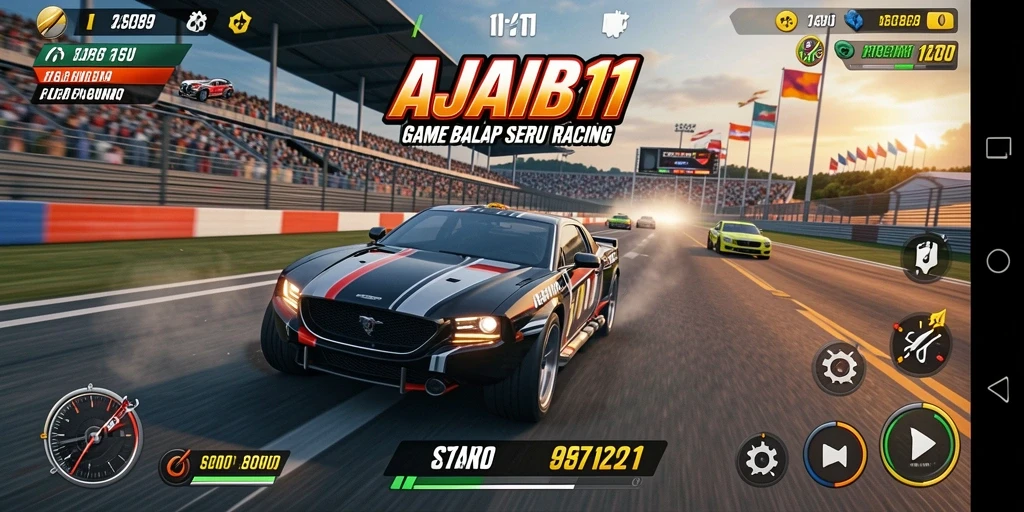 Screenshot gameplay AJAIB11 yang menunjukkan aksi balap seru.