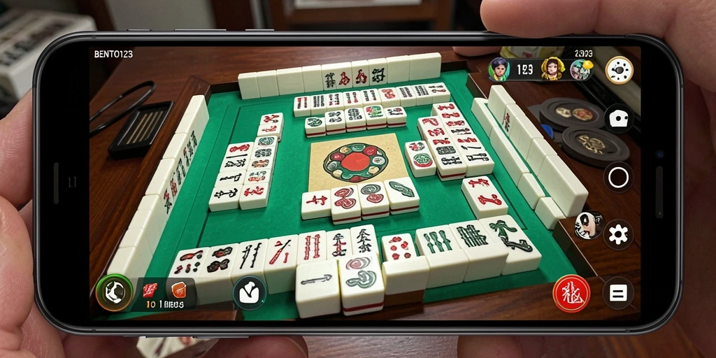 Screenshot gameplay BENTO123 menampilkan ubin Mahjong yang berwarna-warni.
