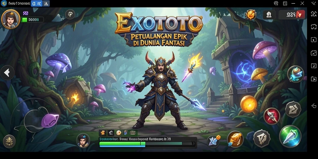 Tangkapan layar utama EXOTOTO menunjukkan pertarungan RPG yang mendebarkan.