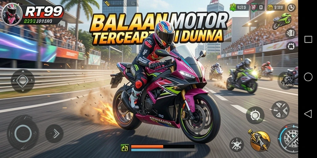 Screenshot gameplay RT99 menampilkan aksi balapan motor yang intens.